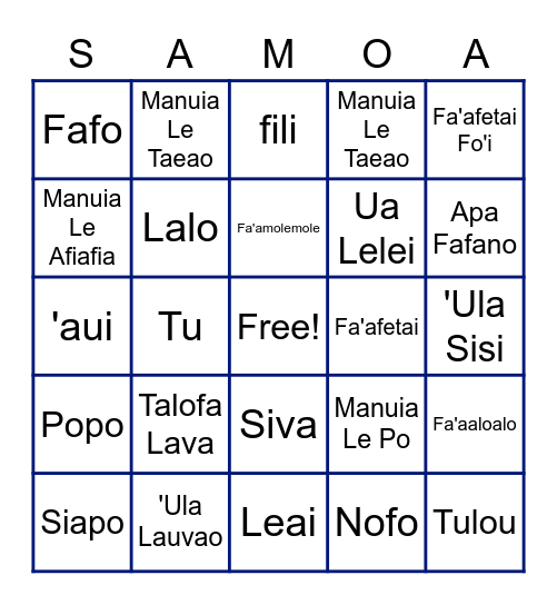 BINGO SAMOA Bingo Card