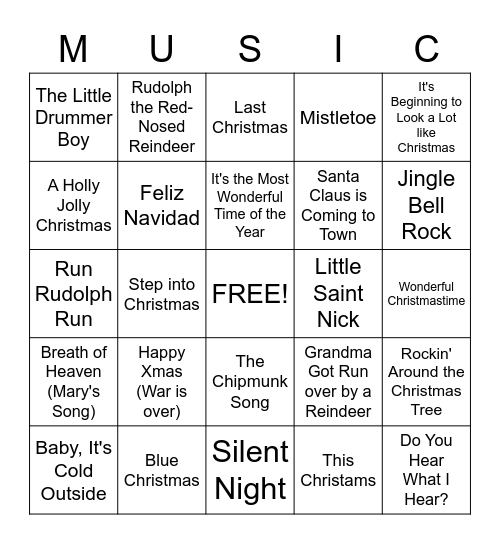 Holiday Music Bingo Card