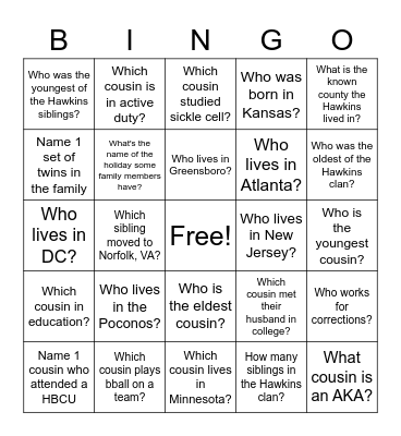 Hawkins Family Bingo Card