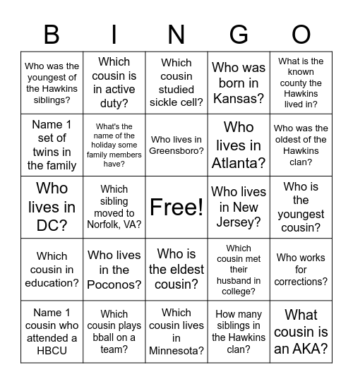 Hawkins Family Bingo Card