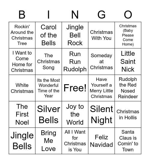 2020 Christmas Songs Bingo Card