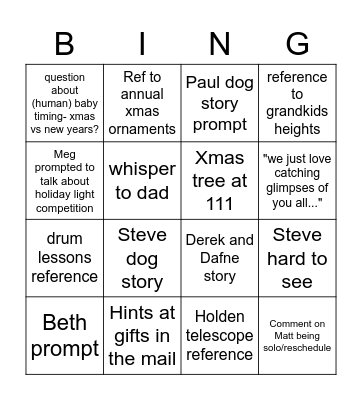 Holiday Zoom Dinner Bingo Card