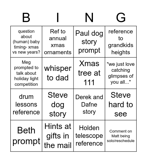 Holiday Zoom Dinner Bingo Card