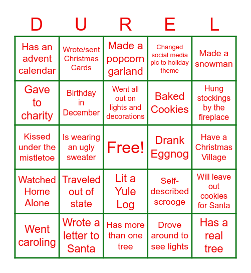 Durel Christmas Bingo Card