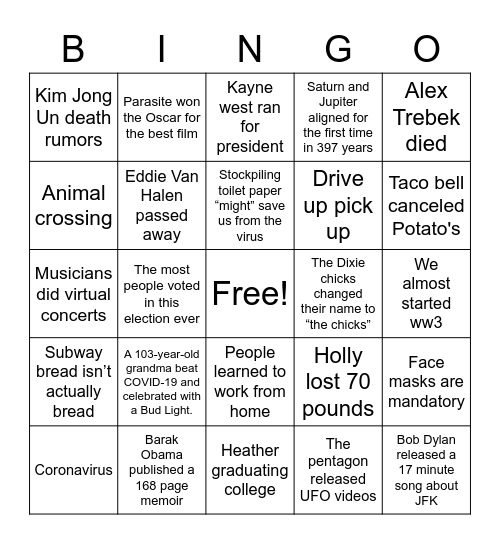 2020 Bingo Card