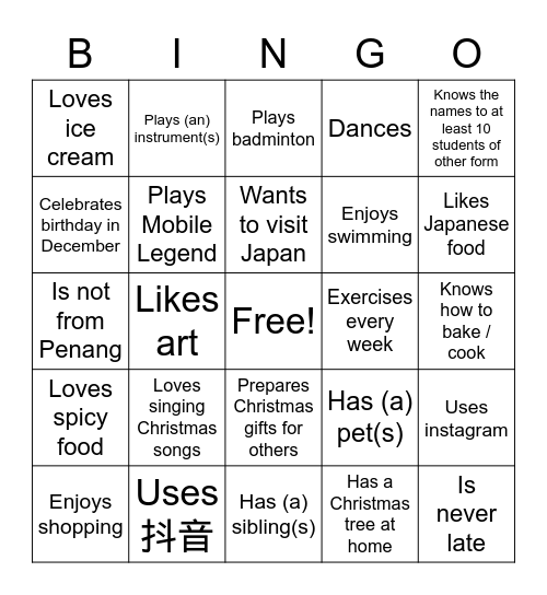 Get to know you Bingo Card