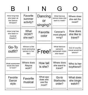 Alayna Bingo Card