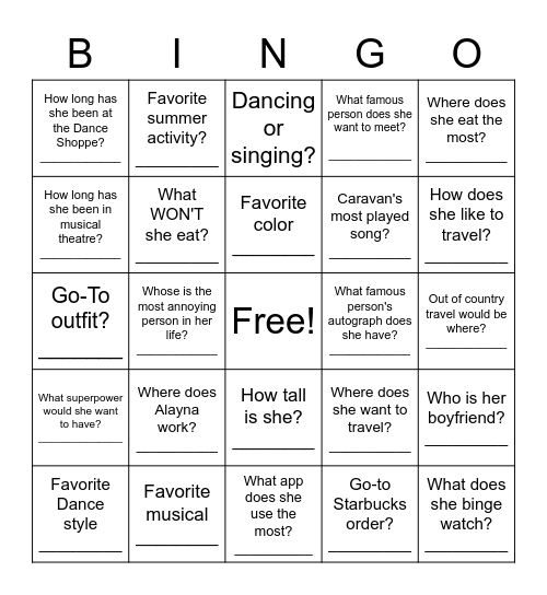 Alayna Bingo Card