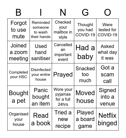 Young Adults 2020 Bingo Card