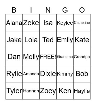 Fantastic Family Bingo Card
