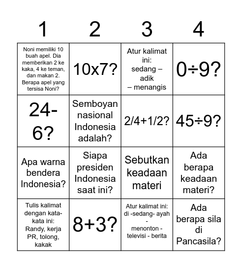 SD 5 Ronde 1 Bingo Card