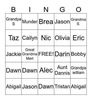 Family Bingo Card
