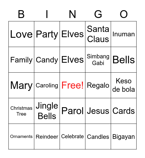 Family Christmas Party 2020 Bingo Card