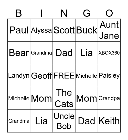 Family Bingo Card