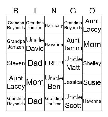 Family Bingo Card