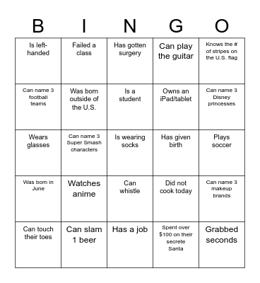 Vang Family Bingo Card