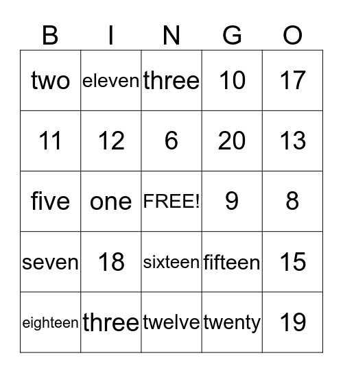 Number and Number Word Bingo Card