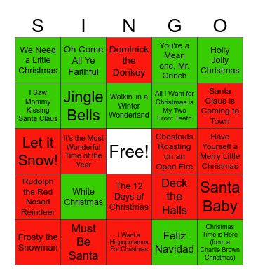 Christmas Carol Bingo Card