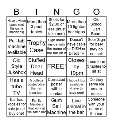 Small Town Bar Tour Bingo Card