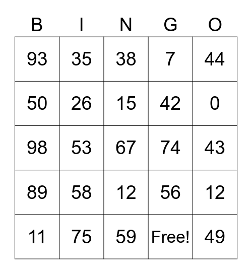 number 1-100 Bingo Card