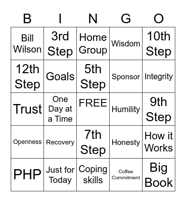 Recovery Bingo Card