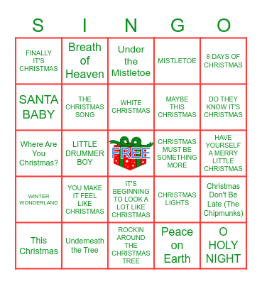 Christmas Pop Hits Bingo Card