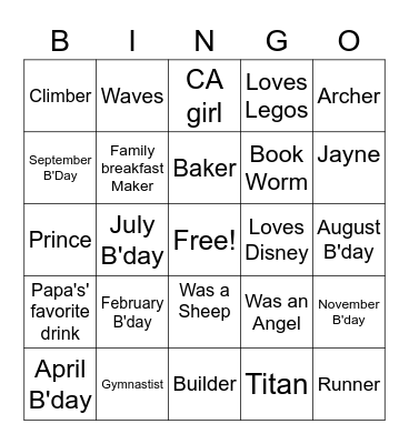 Family Bingo Card