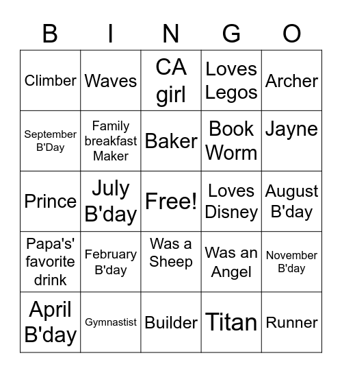 Family Bingo Card