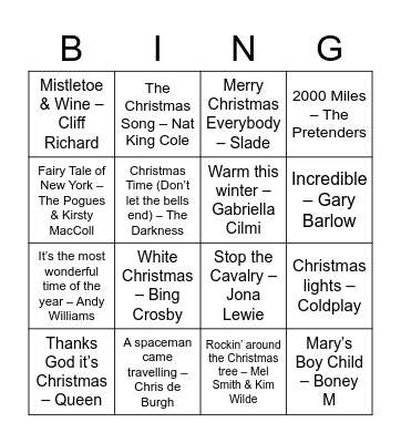 Christmas Song Bingo Card