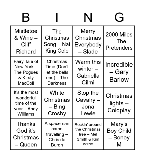 Christmas Song Bingo Card