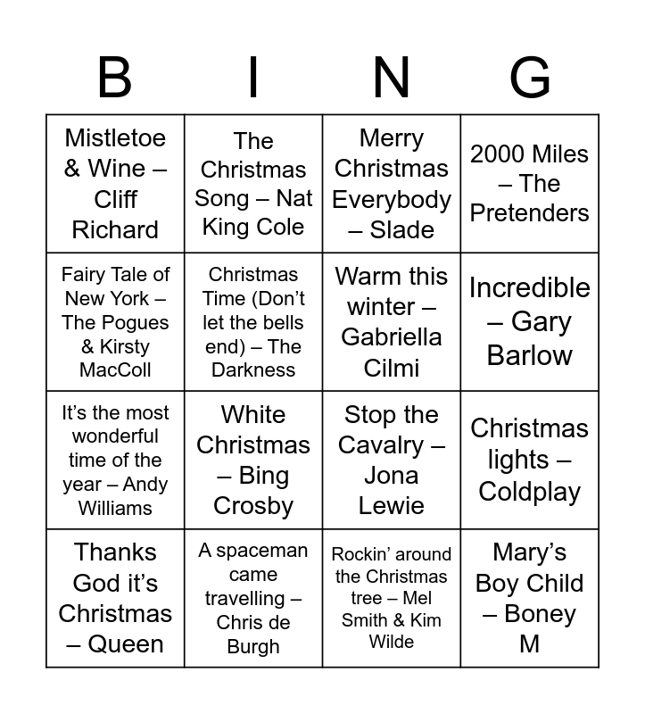 Christmas Song Bingo Card