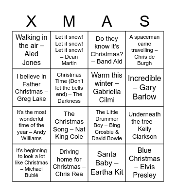 Christmas Song Bingo Card