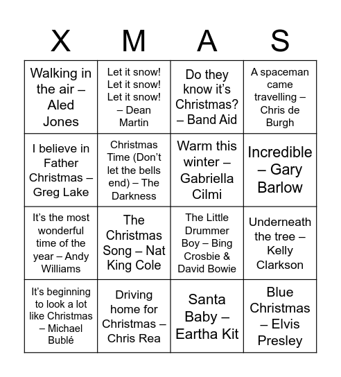 Christmas Song Bingo Card