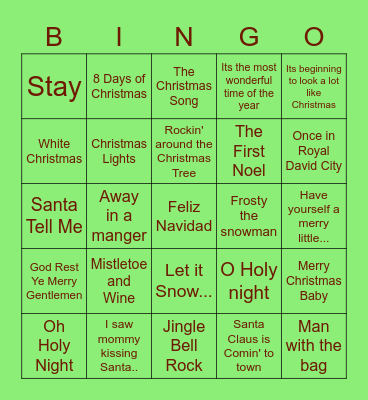 Christmas Song Bingo Card