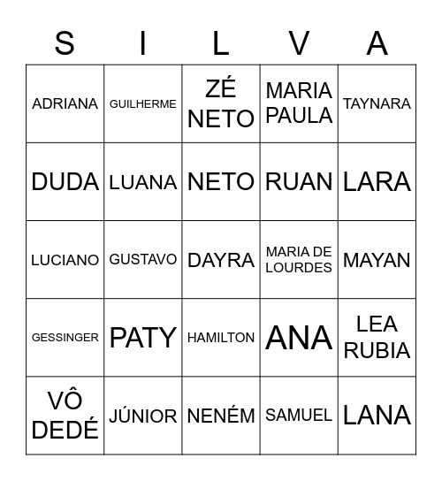 BINGO DA FAMÍLIA SILVA Bingo Card