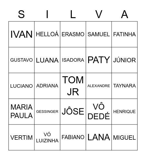 BINGO DA FAMÍLIA SILVA Bingo Card
