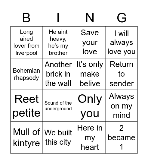 Christmas No1's Bingo Card