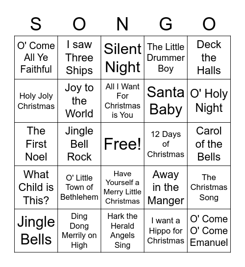 Christmas Song Bingo Card