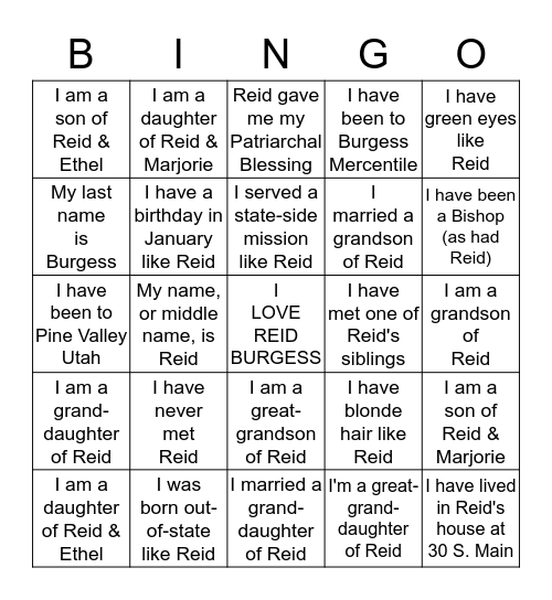Reid C Burgess 100th Birthday Celebration Bingo Card