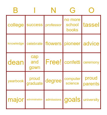 Xiana's graduation bingo Card
