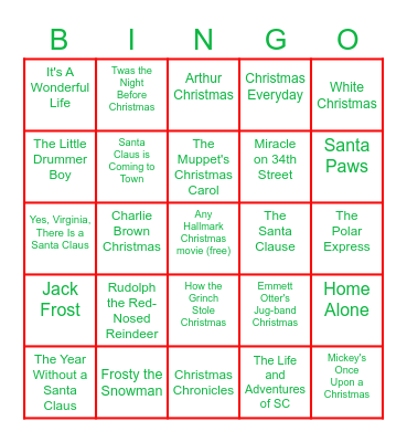 Christmas Movie Bingo Card