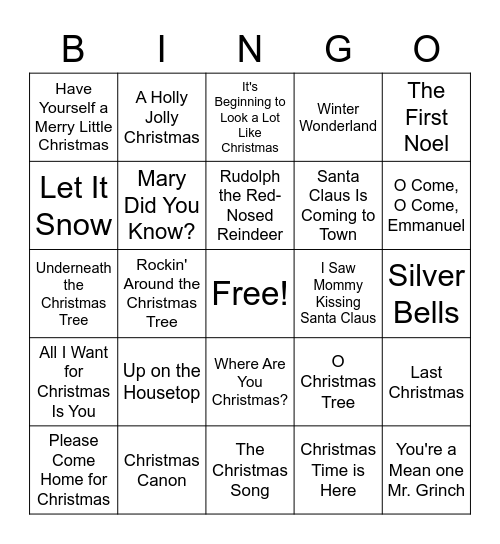 Christmas Song Bingo Card