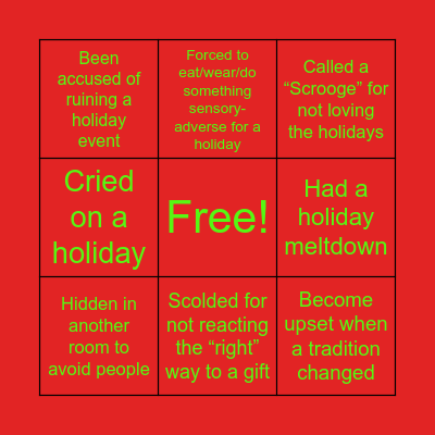 Holidays with Autism Bingo Card