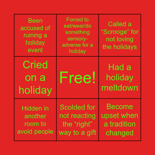 Holidays with Autism Bingo Card