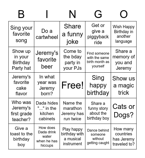 Jeremy's Birthday Bingo Card