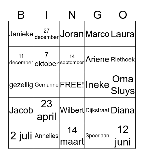 Sluysenbingo Card