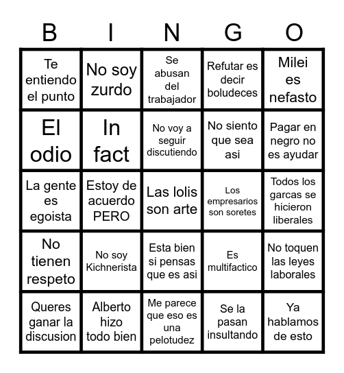 Discusiones con Gianfranco Bingo Card