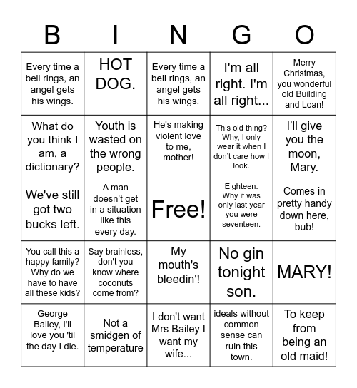 It's a Wonderful Life Bingo Card