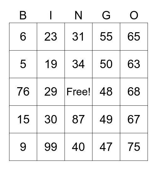 Number Bingo 1-75 Bingo Card