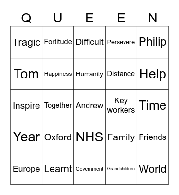 Queen speech bingo Card